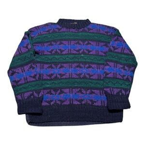 Vintage Rey Wear 100% Wool Multicolor Patterned‎ Knit Sweater Men's Large Heavy